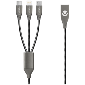 Volkano Iron Series Round Metallic Spring 3-in-1 (Type-C/Lightning/Micro) Cable 1m - Black