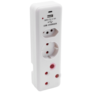 Ellies 3 Way Medium Surge adaptor Schuko,with type C + USB