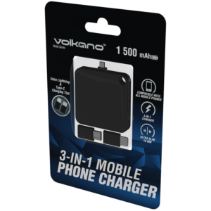 Volkano Relief Series 1500mah 3-in-1 Mobile Phone Charger - Black