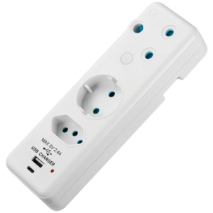 Ellies 3-Way Schuko Adaptor with Type-C + USB - White