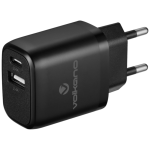 Volkano Cupla Series 5v/2.4a 12w Dual USB-A & USB-C Wall Charger - Black