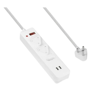 Switched 3-Way Surge-Protected Multiplug with Dual 2.4a USB Ports 3m Braided Cord - White