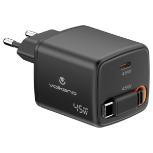 Volkano Sleek Series Fast Wall Charger 45W USB-C with Built-in Retractable 75cm Cable - Black