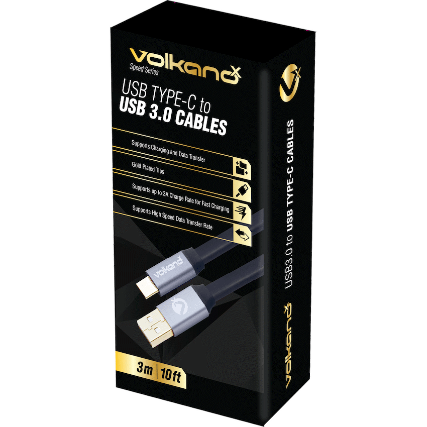 VolkanoX Speed Series USB3.0 to USB Type-C Cable 3m - Flat - Black