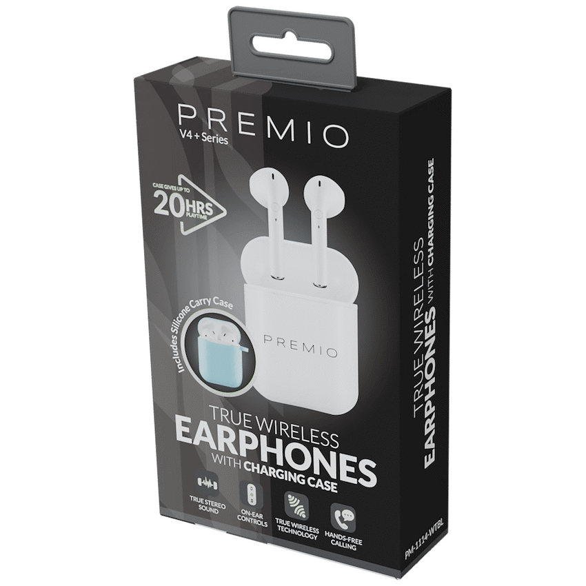 Premio V4 Series TWS Earphones with Charging Case and Cover - White with Blue Cover - Image 2