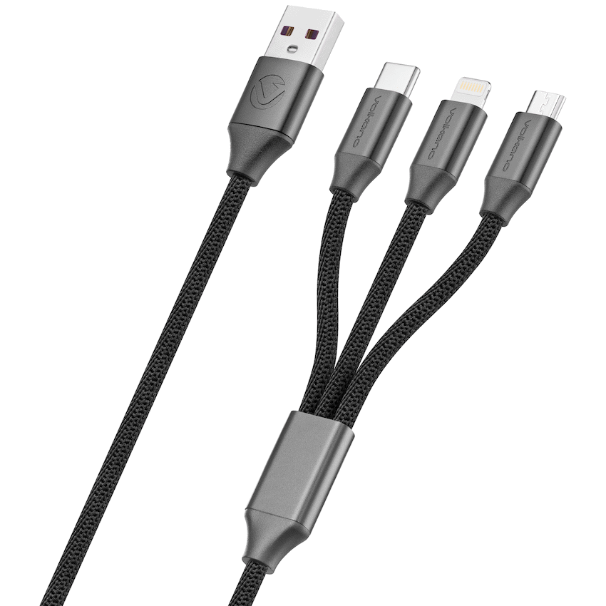Volkano Weave Series Fabric Braided 3-in-1 (Type-C/Lightning/Micro) Cable 1m - Black - Image 2