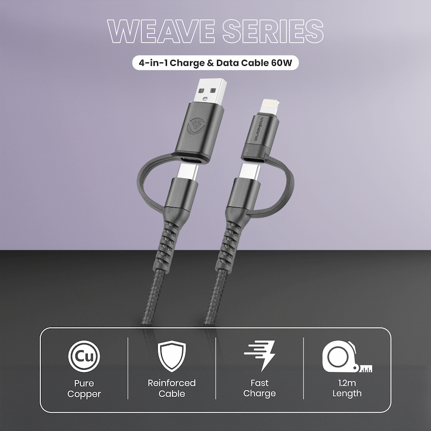 Volkano Weave Series 4-in-1 Charge & Data Cable 60w - 1.2m/4ft - Image 3