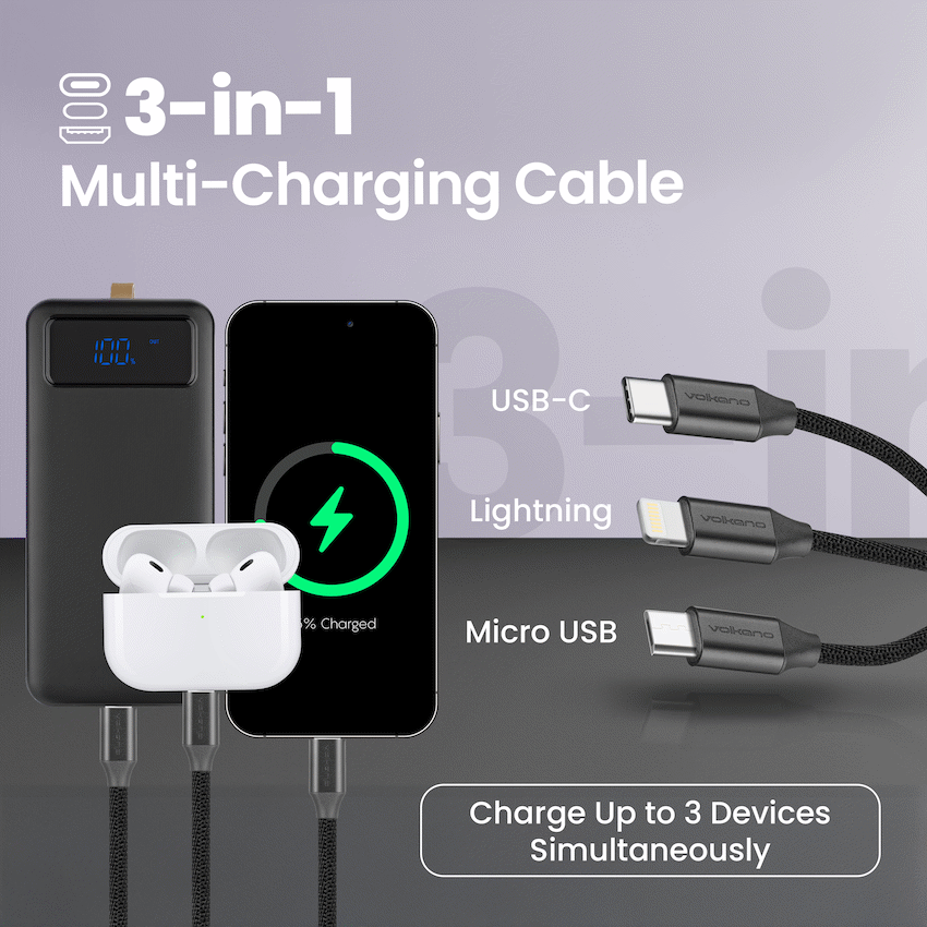 Volkano Weave Series Fabric Braided 3-in-1 (Type-C/Lightning/Micro) Cable 1m - Black - Image 4