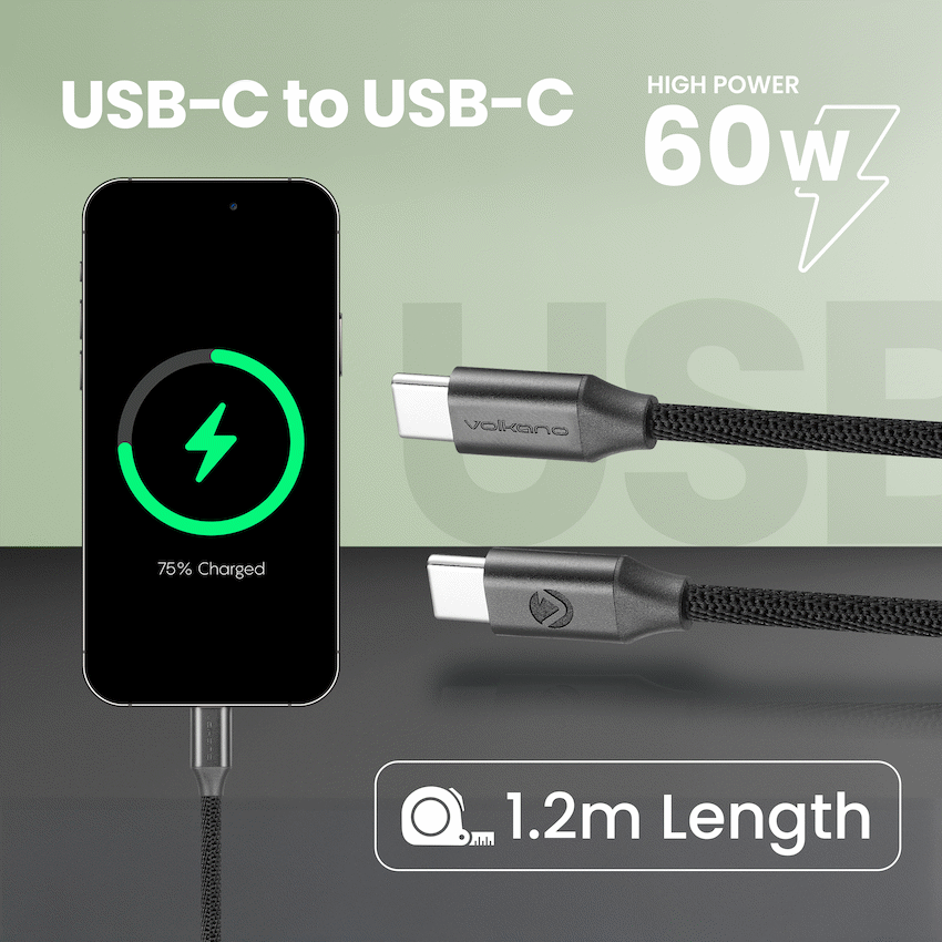 Volkano Weave Series Type-C to Type-C Cable (1.2m, 60w) - Black - Image 4