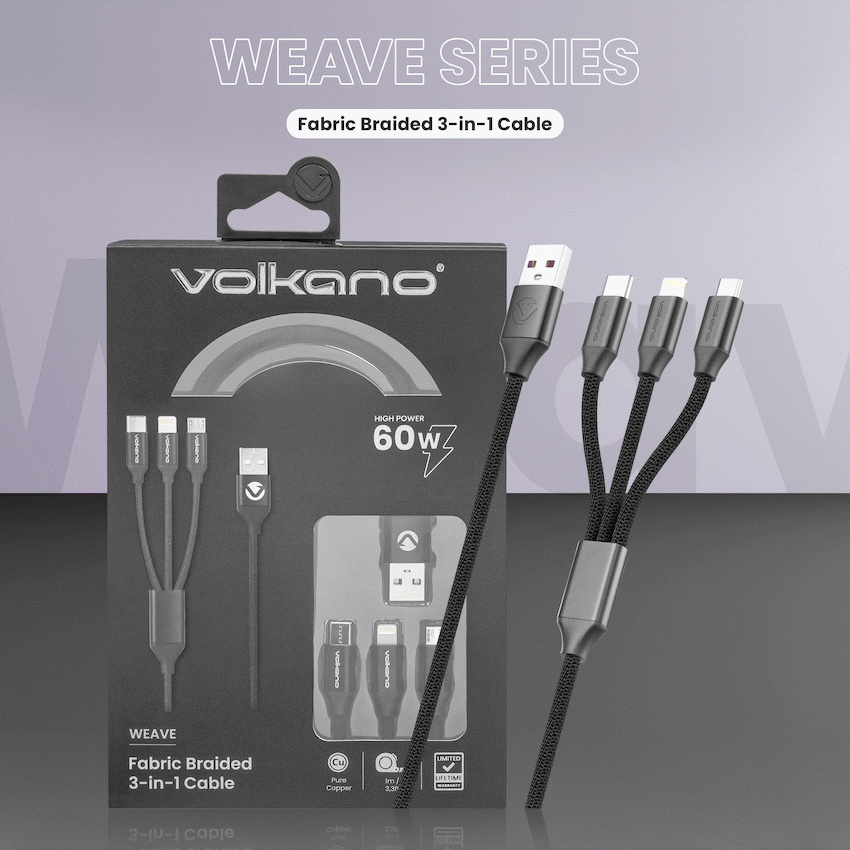 Volkano Weave Series Fabric Braided 3-in-1 (Type-C/Lightning/Micro) Cable 1m - Black - Image 6