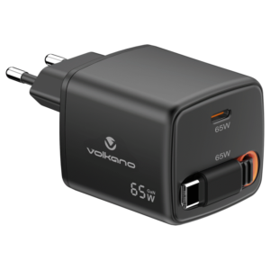 Volkano Sleek Series Fast Wall Charger 65W USB-C with Built-in Retractable 75cm Cable - Black