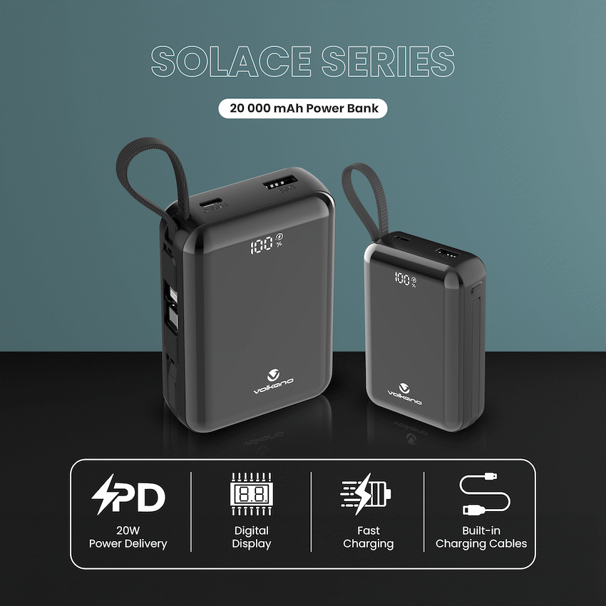 Volkano Solace Series 20 000 mAh Power Bank with Built-in USB-C & Lightning Cable - Black - Image 3