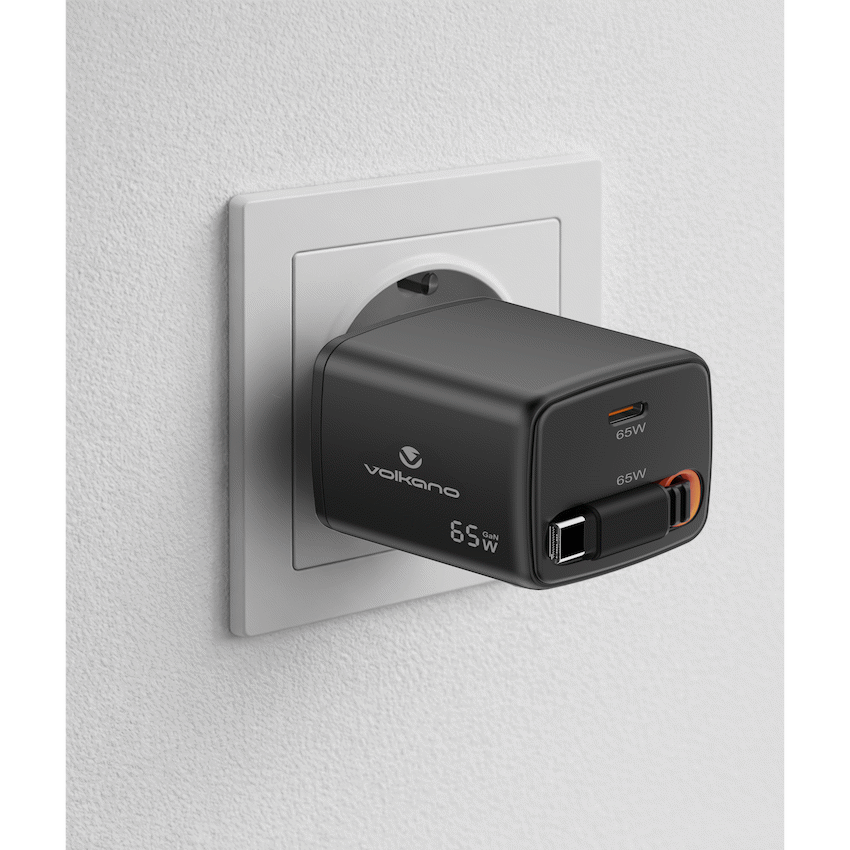 Volkano Sleek Series Fast Wall Charger 65W USB-C with Built-in Retractable 75cm Cable - Black - Image 5