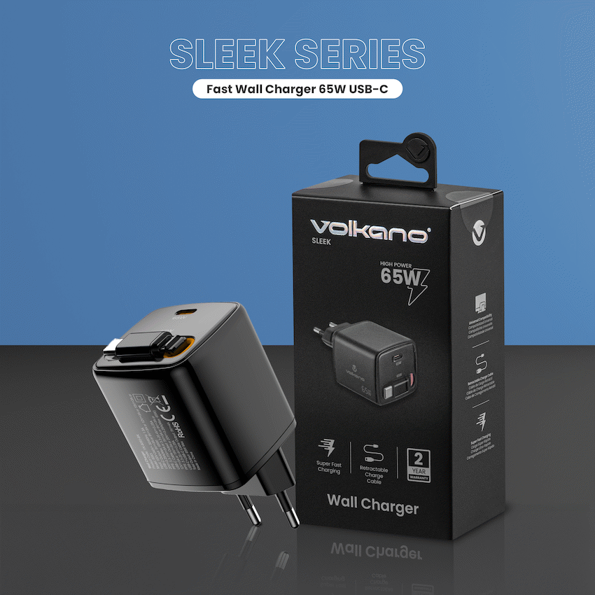 Volkano Sleek Series Fast Wall Charger 65W USB-C with Built-in Retractable 75cm Cable - Black - Image 6