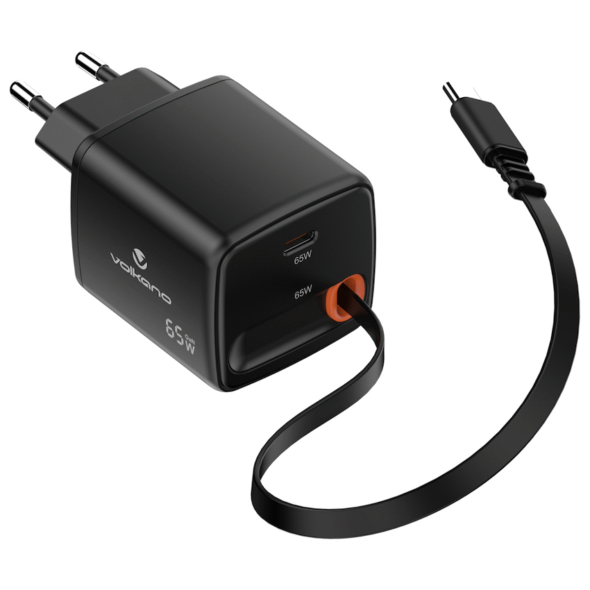 Volkano Sleek Series Fast Wall Charger 65W USB-C with Built-in Retractable 75cm Cable - Black - Image 7