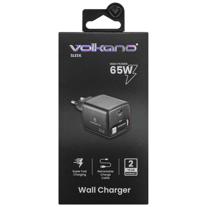 Volkano Sleek Series Fast Wall Charger 65W USB-C with Built-in Retractable 75cm Cable - Black - Image 9