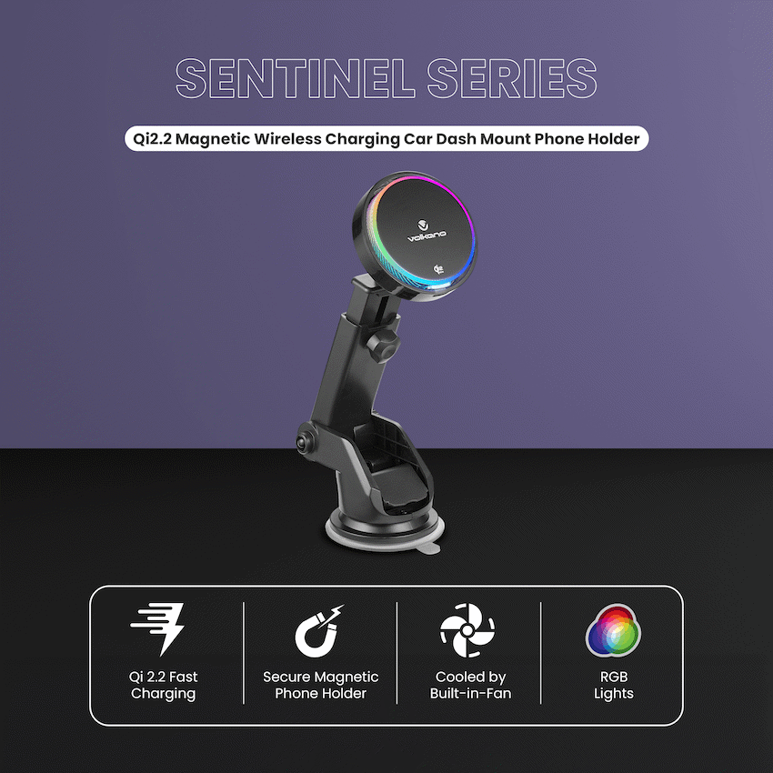 Volkano Sentinel Series Qi2.2 Magnetic Wireless Charging Car Dash Mount Phone Holder - Black - Image 3