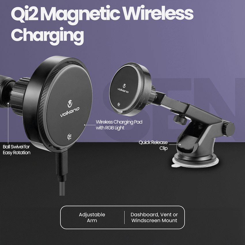 Volkano Sentinel Series Qi2.2 Magnetic Wireless Charging Car Dash Mount Phone Holder - Black - Image 6