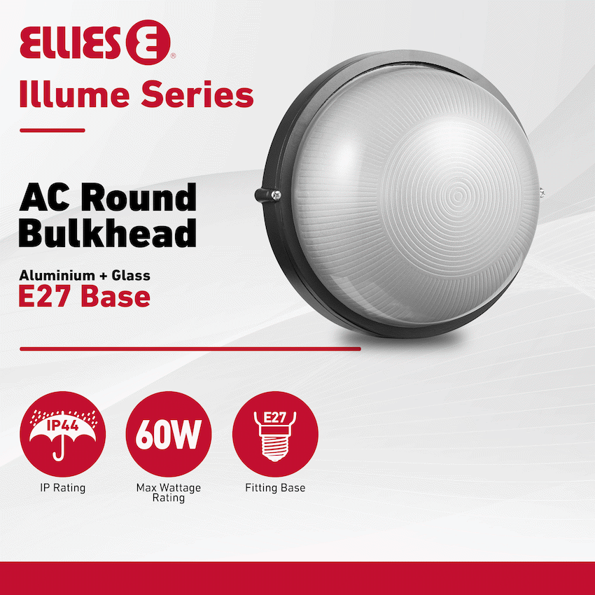 Ellies Illume Series - AC Round Bulkhead - Aluminium + Glass - E27 Base -BK - Image 2