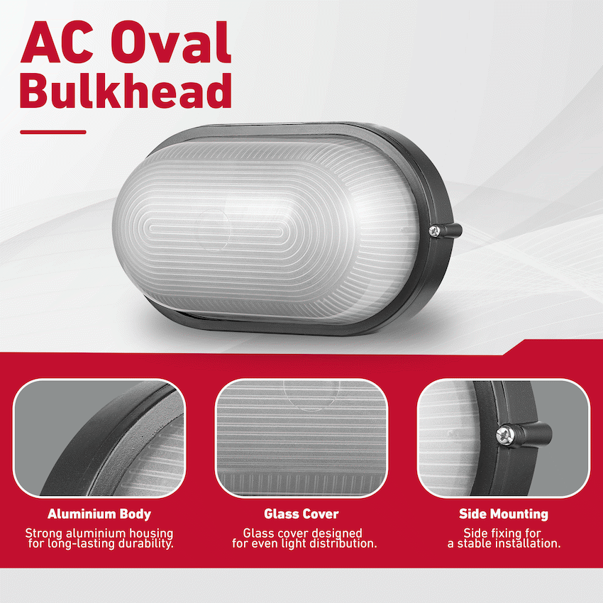 Ellies Illume Series - AC Oval Bulkhead - Aluminium + Glass - E27 Base - BK - Image 5