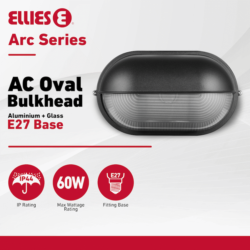 Ellies Arc Series - AC Oval LED Bulkhead - Aluminium + Glass - E27 Base -BK - Image 2