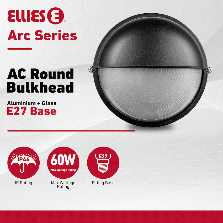 Ellies Arc Series - AC Round Bulkhead - Aluminium + Glass - E27 Base -BK - Image 3