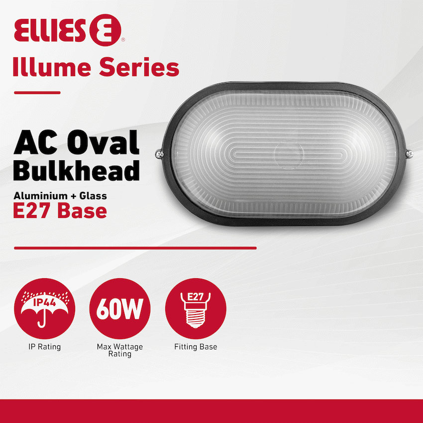 Ellies Illume Series - AC Oval Bulkhead - Aluminium + Glass - E27 Base - BK - Image 2