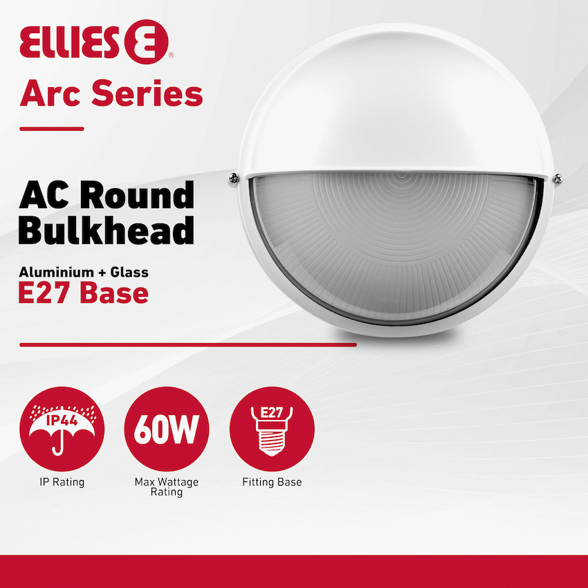 Ellies Arc Series - AC Round Bulkhead - Aluminium + Glass - E27 Base -WT - Image 3