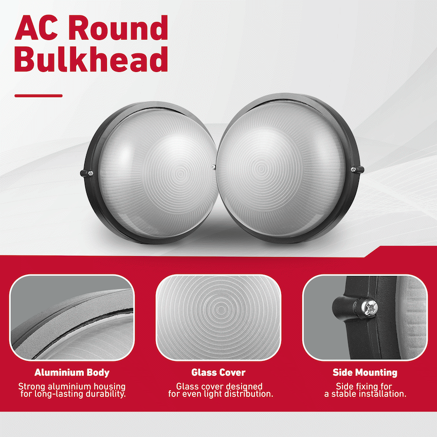 Ellies Illume Series - AC Round Bulkhead - Aluminium + Glass - E27 Base -BK - Image 4