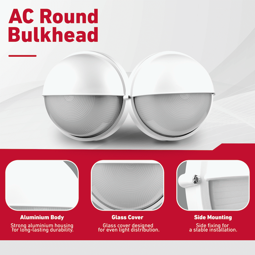 Ellies Arc Series - AC Round Bulkhead - Aluminium + Glass - E27 Base -WT - Image 4