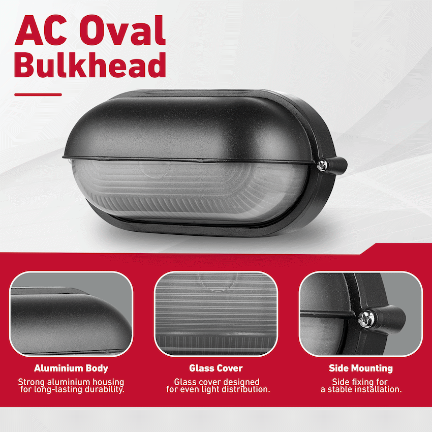 Ellies Arc Series - AC Oval LED Bulkhead - Aluminium + Glass - E27 Base -BK - Image 4
